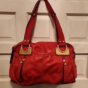 B MAKOWSKY Plushy Soft Red Leather Shoulder Bag with Gold Hardware Bottom Studs